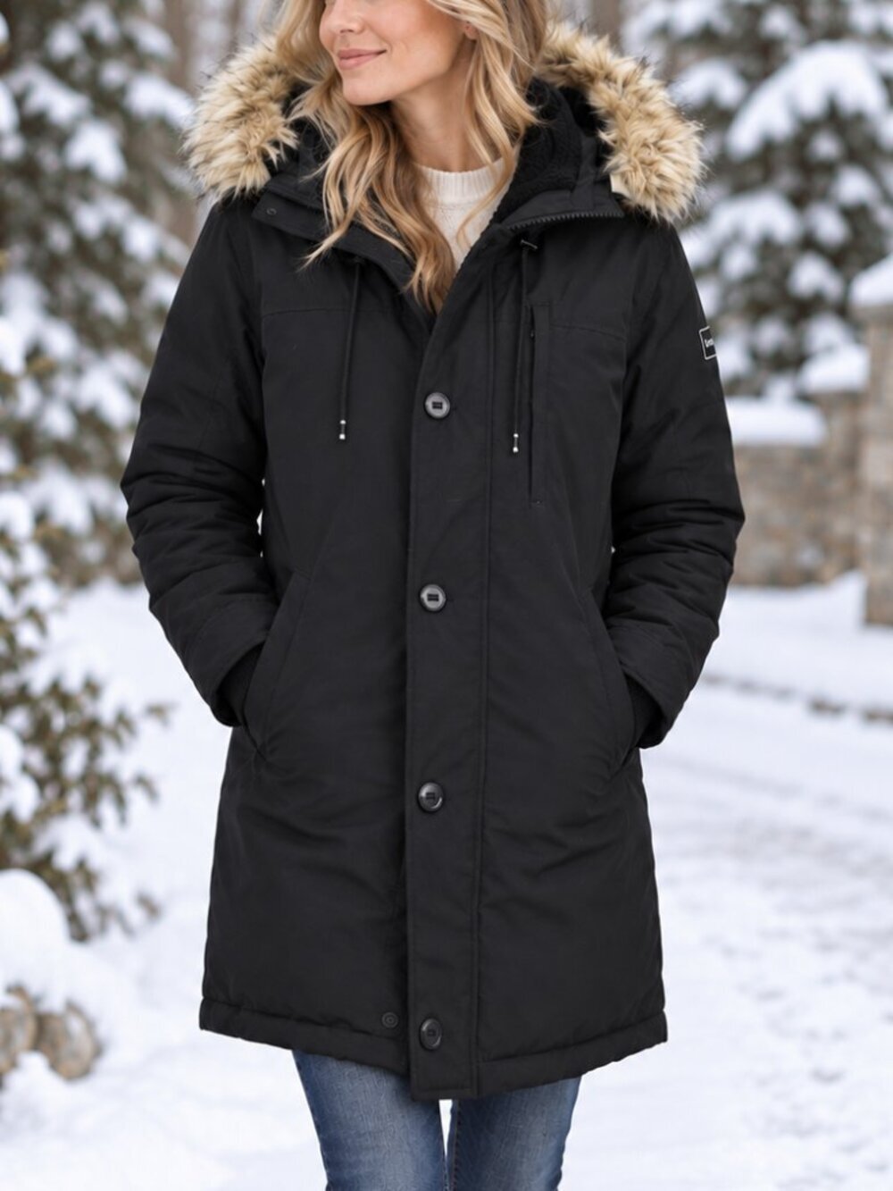 Calvin Klein Sorona Aura Parka Coat Winter Jacket Black Hood Faux Fur Size Small